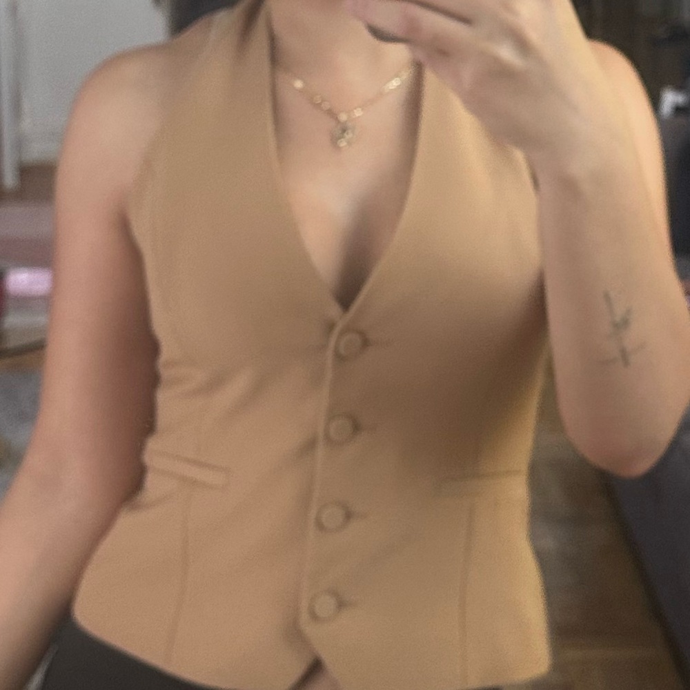 Zara Camel Button-Up Sleeveless Blouse